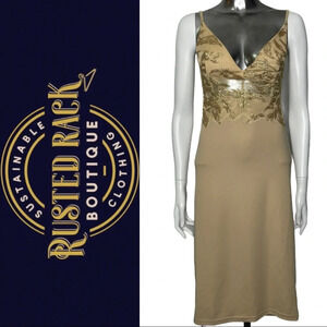 Gold Lace Overlay Plunging V-Neck Slip Dress Size  Small